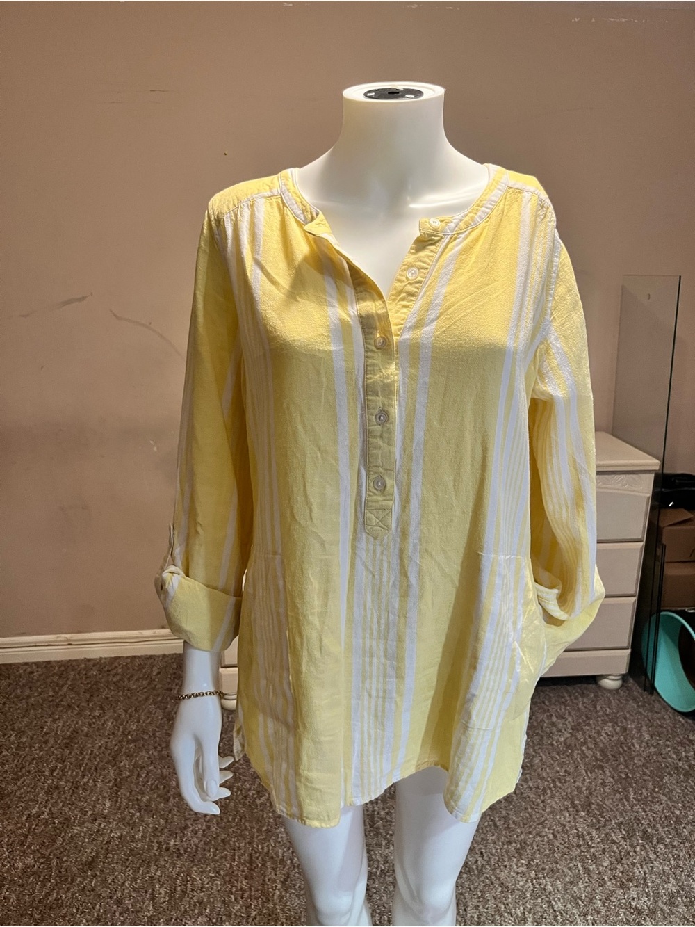 Women's Yellow Striped Roll-Sleeve Tunic